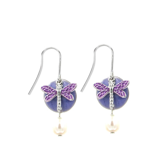 Silver Forest Earring Lavender Dragonfly Pearl
