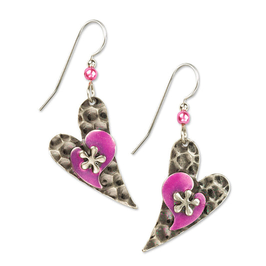 Silver Forest Silver Flower On Modern Heart Earrings