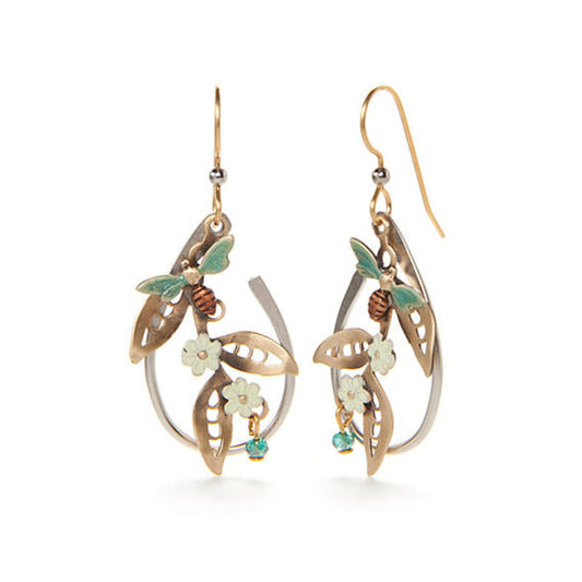 Silver Forest Bee Flowers & Leaf on Open Circle Earrings