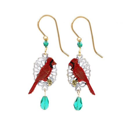 Silver Forest Red & Green Cardinal Earrings