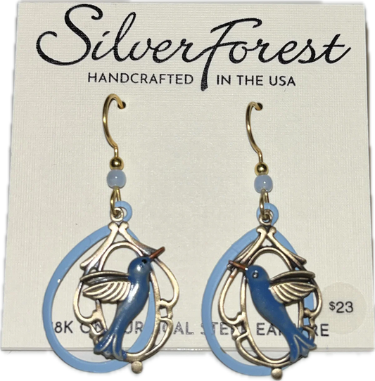 Silver Forest Blue Hummingbird Earring