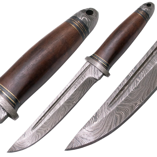 Red Deer Damascus Hunting Knife Burl Wood Handle