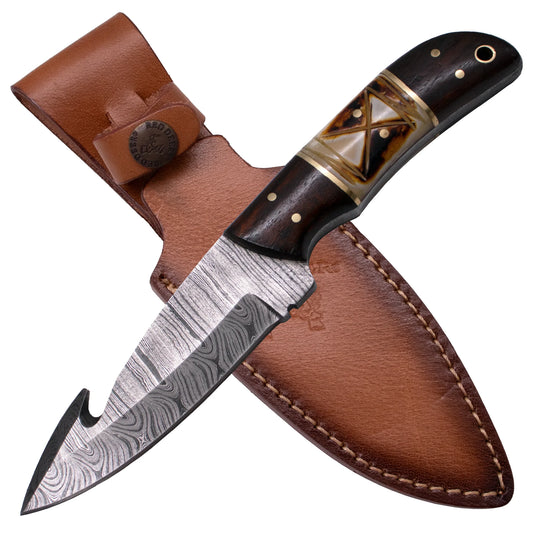 Red Deer Gut Hook Damascus Steel Wooden Handle