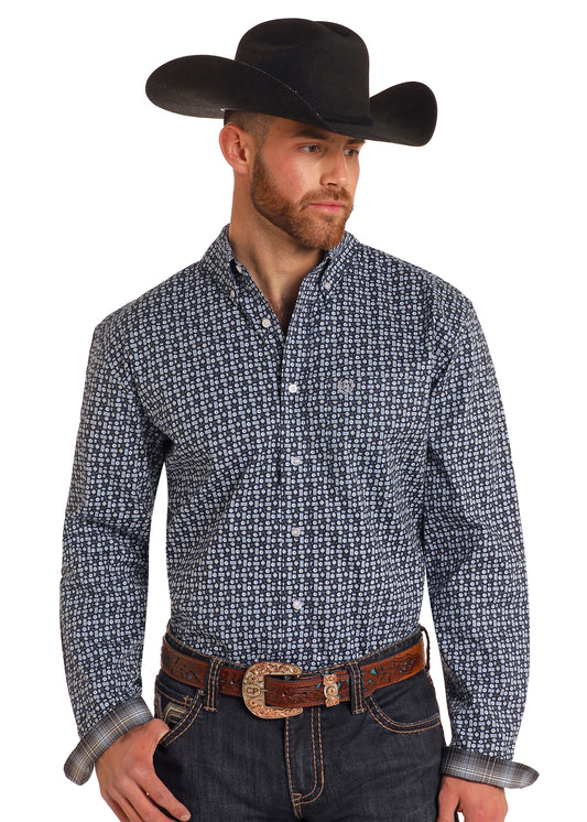 Rock & Roll Long Sleeve Geo Print Shirt Navy