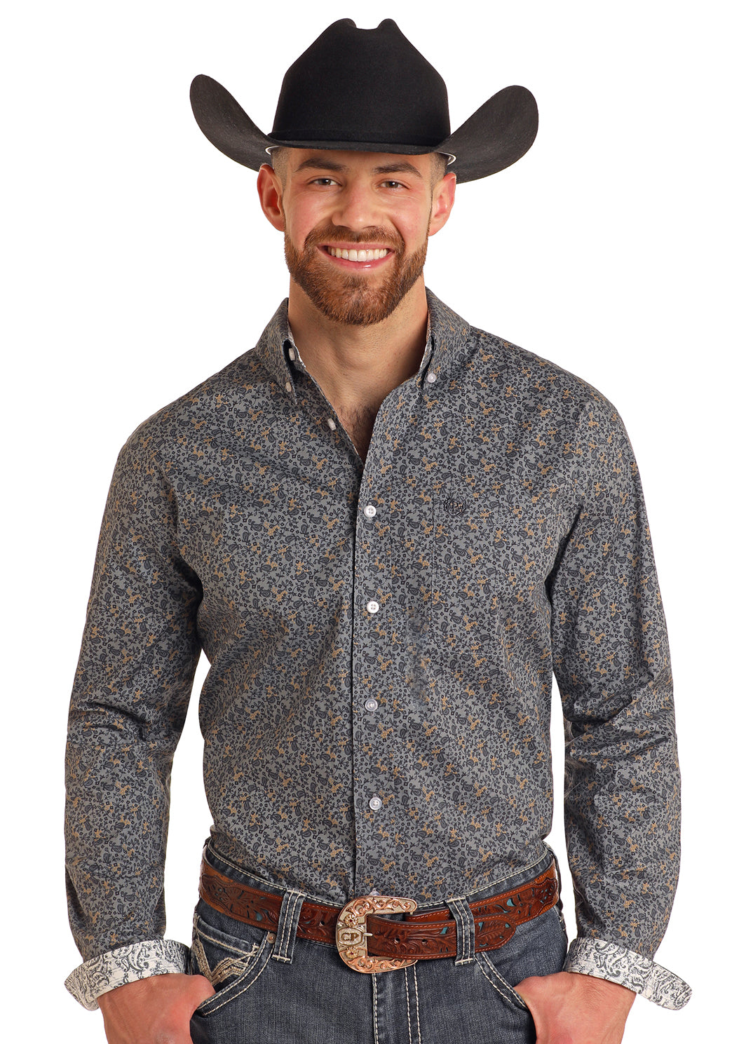 Panhandle Slim Floral Paisley Print Long Sleeve Shirt Charcoal