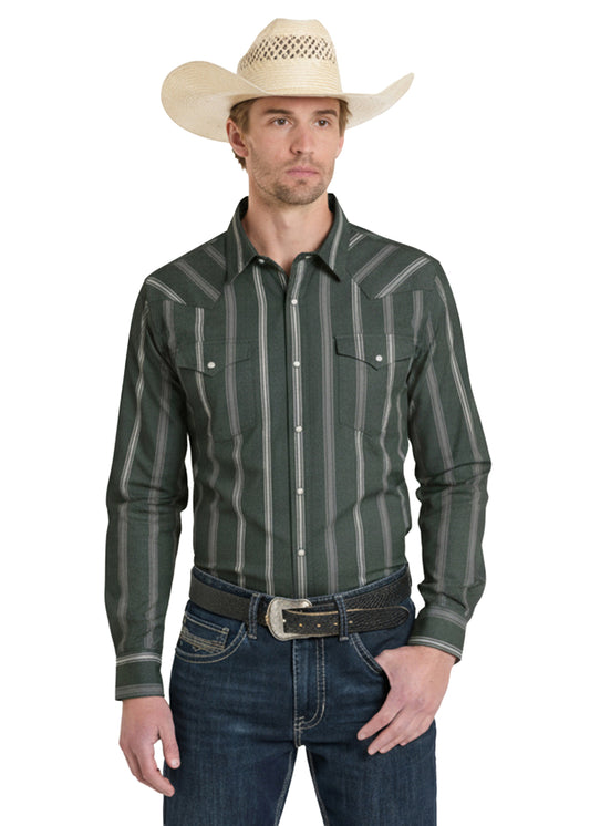 Panhandle Slim Long Sleeve 2 Pocket Snap Shirt Striped Black
