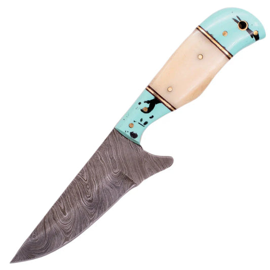 Red Deer 9" Full Tang Damascus Turquoise Bone Handle