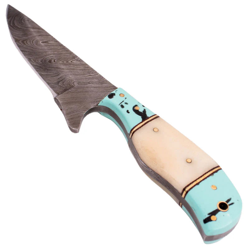 Red Deer 9" Full Tang Damascus Turquoise Bone Handle