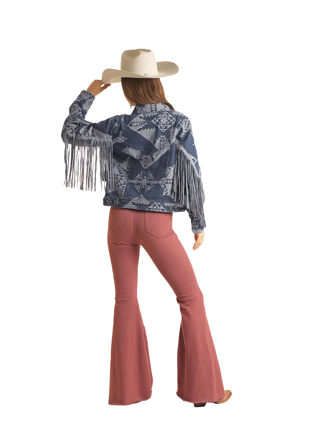 Rock and Roll Aztec Print Denim Fringe Jacket