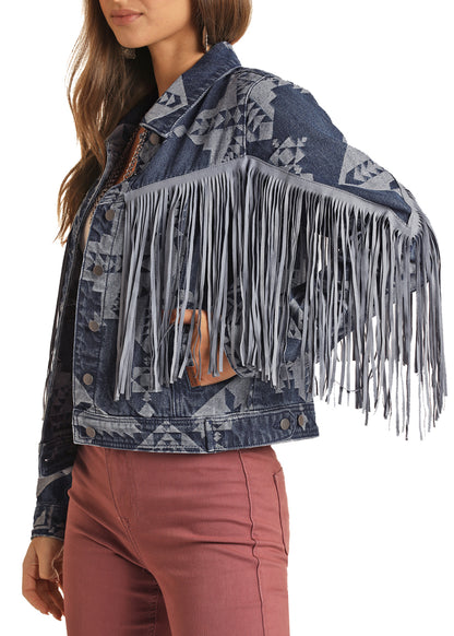 Rock and Roll Aztec Print Denim Fringe Jacket