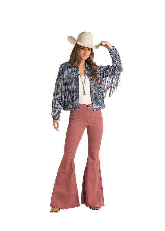 Rock and Roll Aztec Print Denim Fringe Jacket