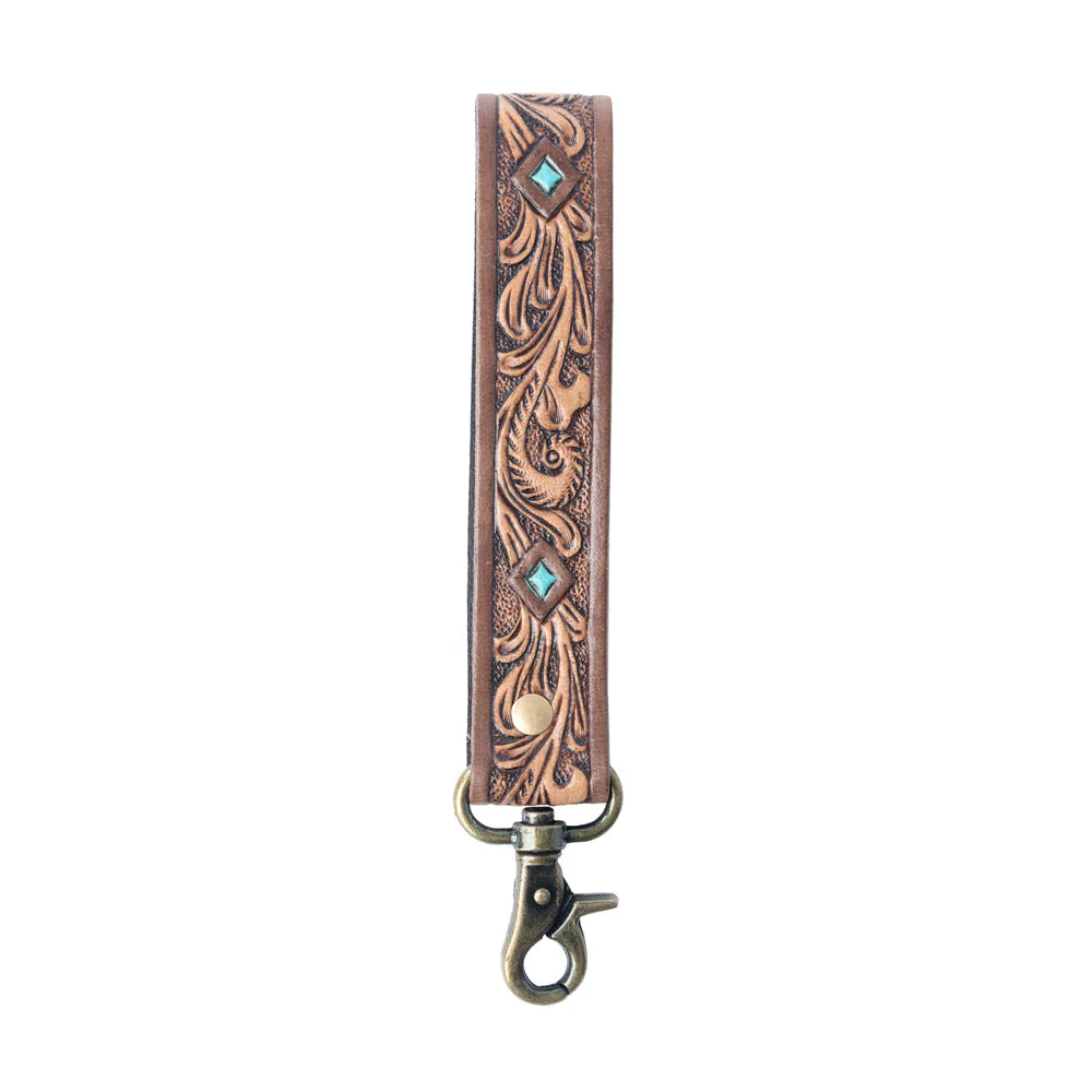 Myra Spirit Stone Handtooled Leather Keyfob In Mahogany