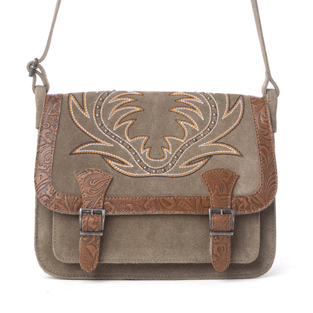 Myra Amberwood Suede Leather Boot Embroidered Bag In Olive