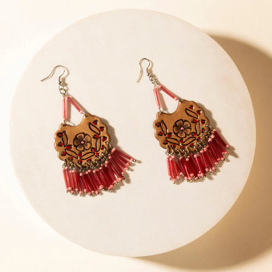 Myra Handtooled Carnival Bloom Fringe Earrings Ember Pink