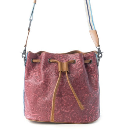 Myra Emberlace Embossed Leather Bucket Bag Berry Rouge