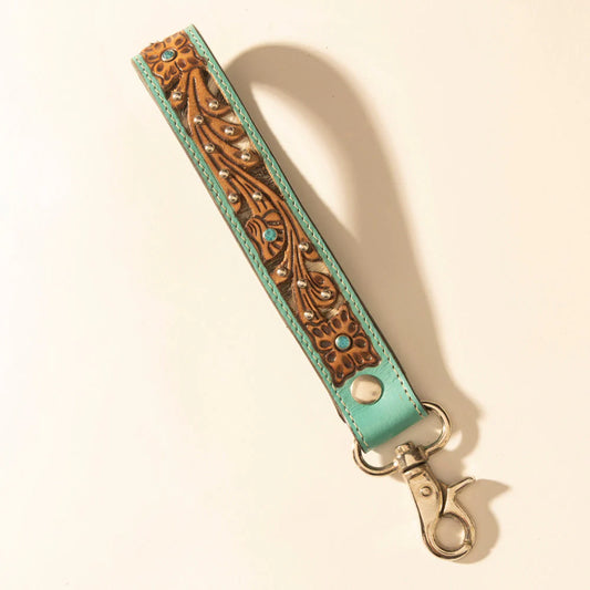 Myra River Glen Handtooled Hairon Leather Key Fob In Aqua Saddle