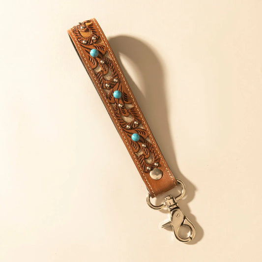 Myra River Glen Handtooled Hairon Leather Key Fob In Honey Turquoise