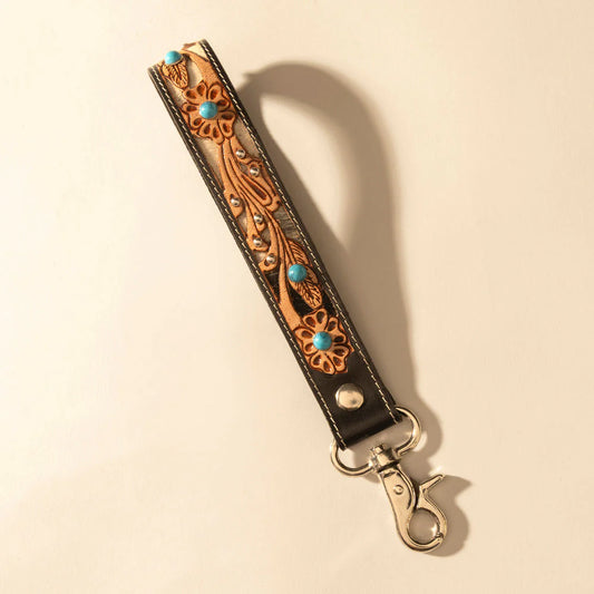 Myra River Glen Handtooled Hairon Leather Key Fob In Espresso Turquoise