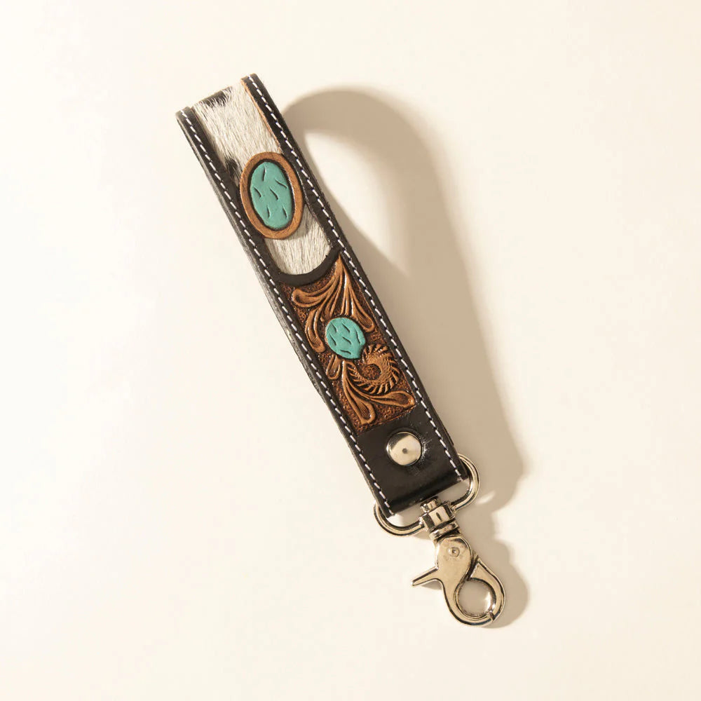 Myra Tallin Bloom Handtooled Leather Keyfob Saddle Sky