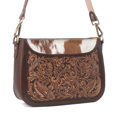 Myra Copper Crest Handtooled Hairon Leather Clutch Saddle Walnut