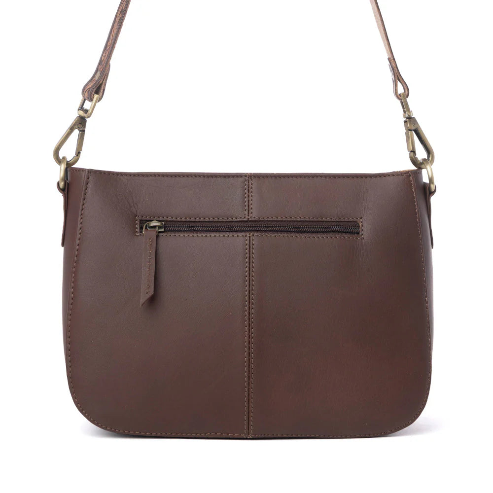 Myra Copper Crest Handtooled Hairon Leather Clutch Saddle Walnut