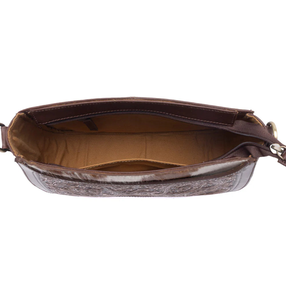 Myra Copper Crest Handtooled Hairon Leather Clutch Saddle Walnut