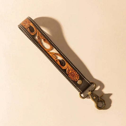 Myra Wildvine Pony Western Handtooled Key Fob in Black with Hairon Detail