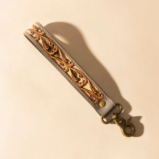 Myra Wildvine Pony Western Handtooled Key Fob in Dusk Blue with Hairon Detail