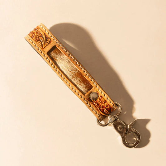 Myra Hide Inlay Western Key Fob in Creme with Hairon Detail