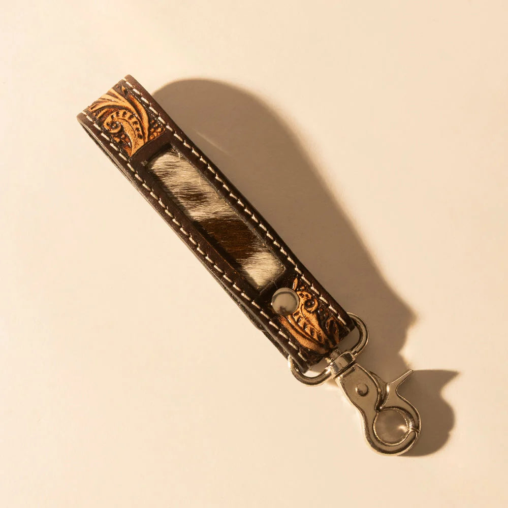 Myra Hide Inlay Western Key Fob in Dark Brown with Hairon Detail