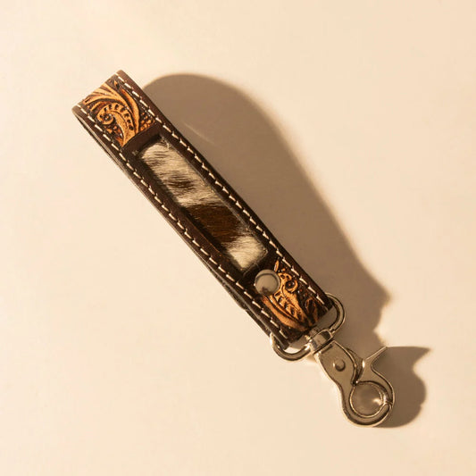 Myra Hide Inlay Western Key Fob in Dark Brown with Hairon Detail