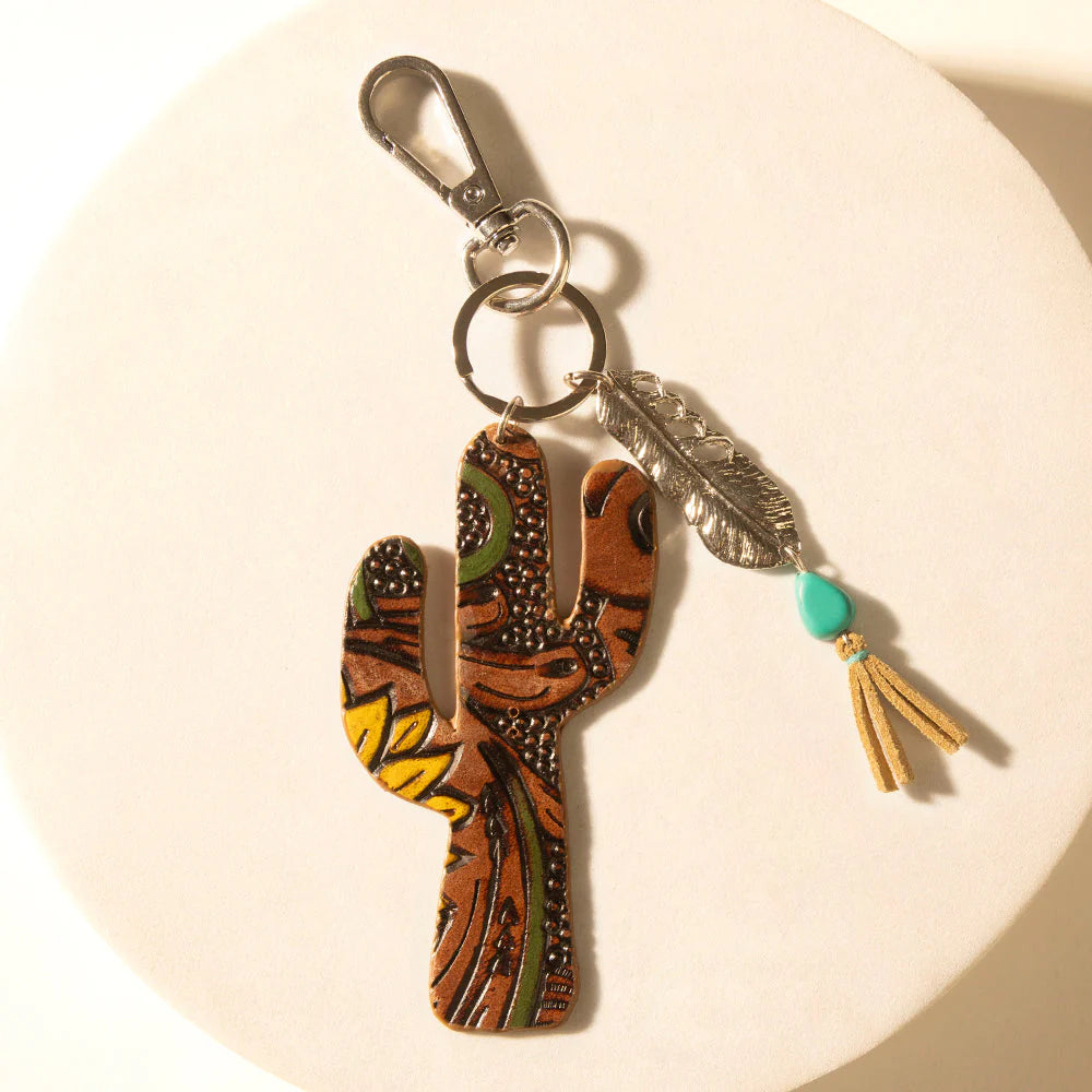 Myra Desert Dune Handtooled Leather Key Fob In Olive Tan