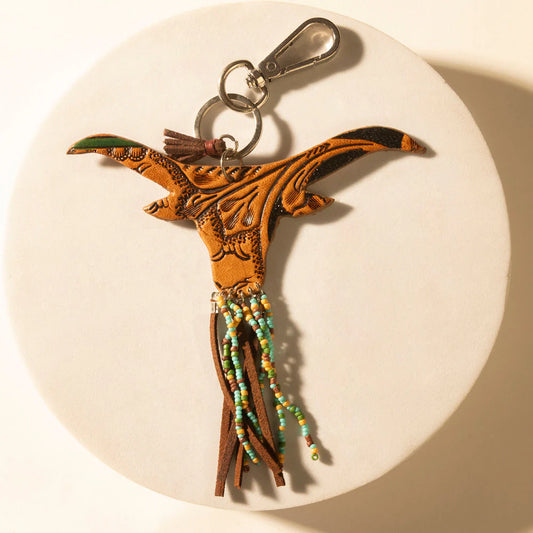 Myra Arroyo Bull Handtooled Leather Key Fob In Honey Aqua