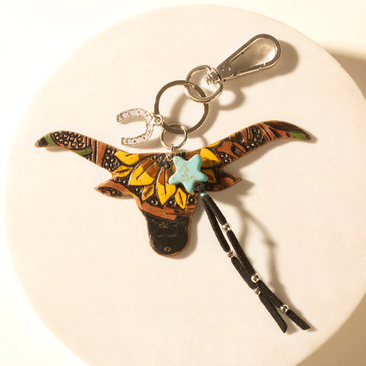 Myra Nightfall Cove Bull Handtooled Leather Key Fob In