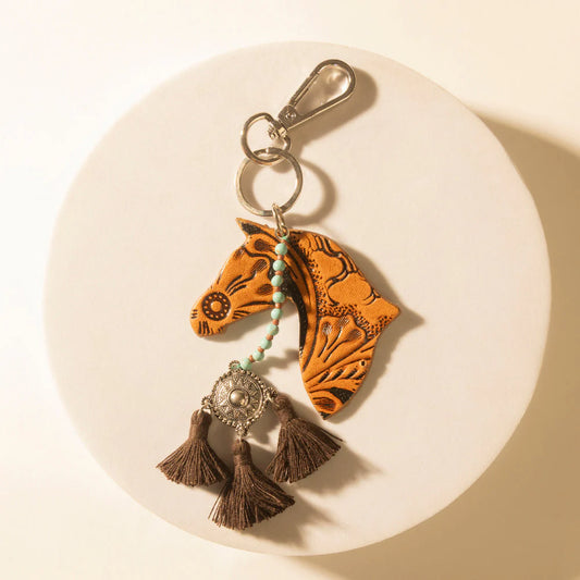 Myra Summer Cove Horse Handtooled Leather Key Fob In Caramel Tan