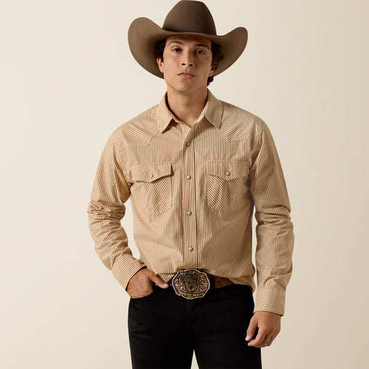 Ariat Mens Retro Hyman Fitted Snap Shirt Taupe Grey Stripe