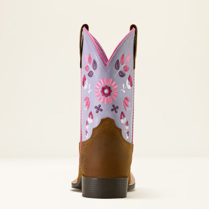Ariat Kids Wild Bloom Wide Square Toe Western Boot Distressed Brown