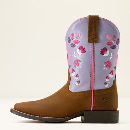 Ariat Kids Wild Bloom Wide Square Toe Western Boot Distressed Brown