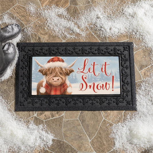 Evergreen Holly Homestead Highland Cow Flocked Coir Sassafras Mat Let it Snow