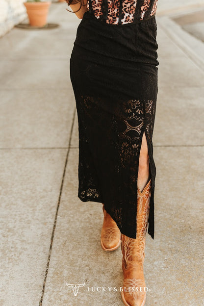 Lucky & Blessed Black Lace Lined Slit Hem Maxi Skirt