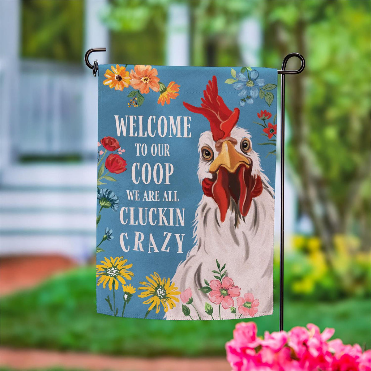 Evergreen Petal & Plow Crazy Coop Suede Garden Flag