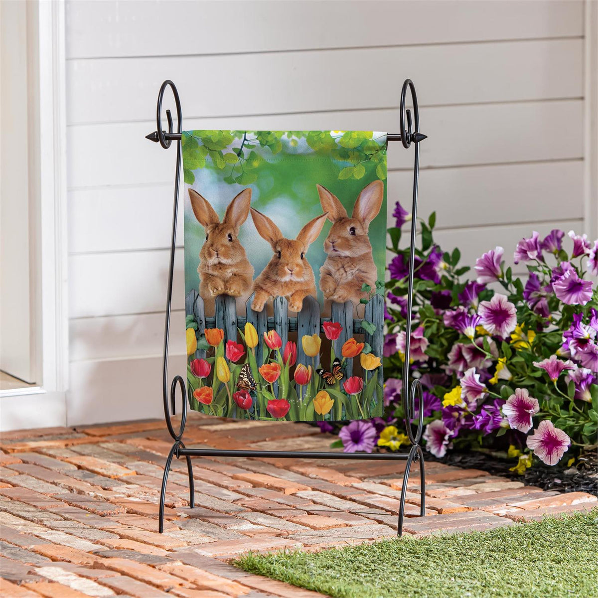 Evergreen Whimsy Bunny Trio Suede Garden Flag