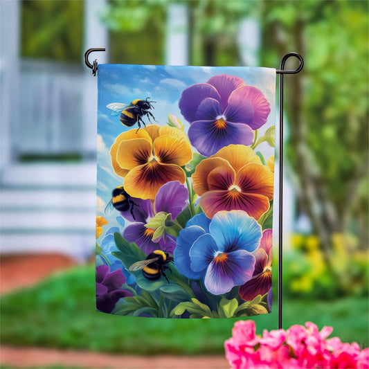 Evergreen Pansies & Bees Suede Garden Flag