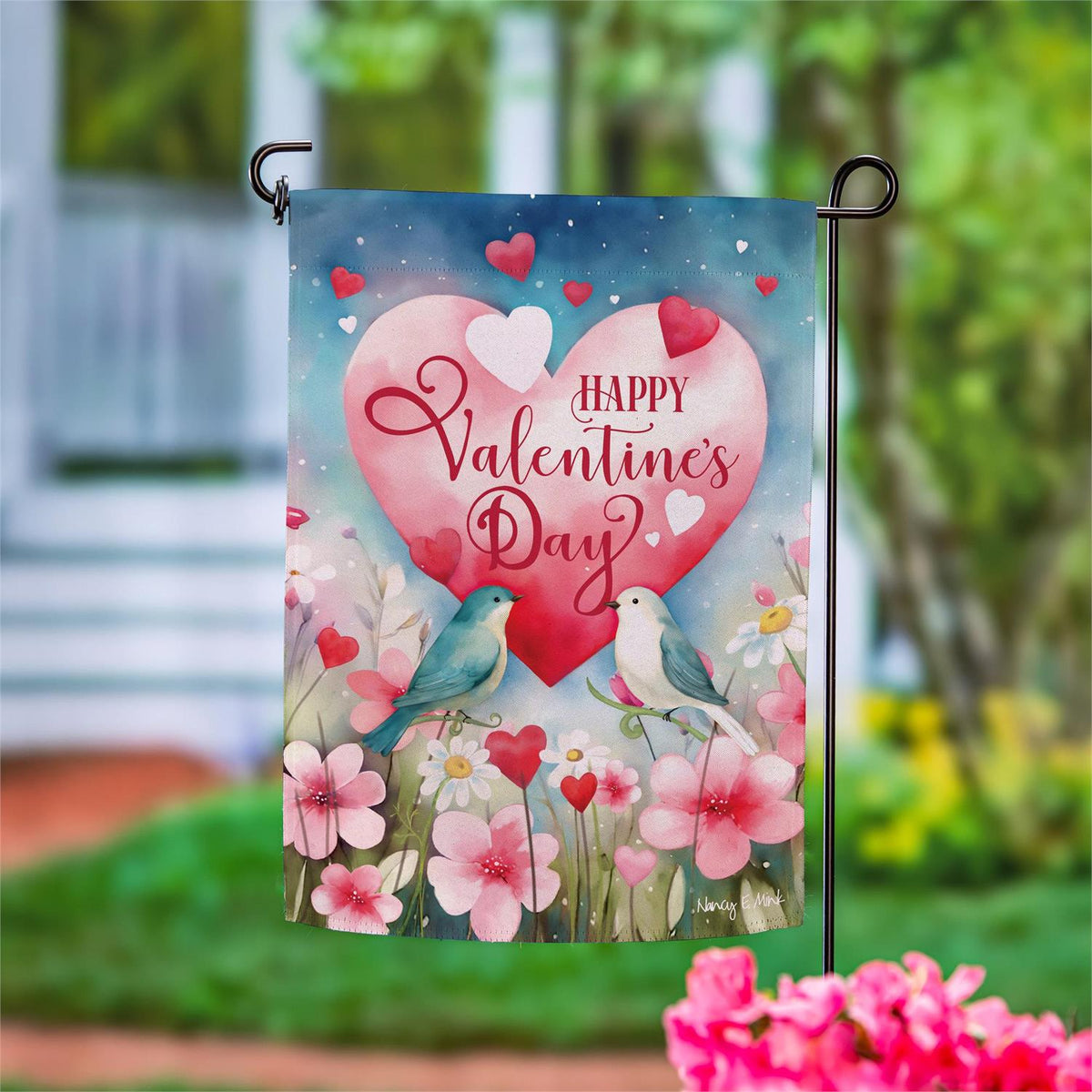Evergreen Lovebirds Suede Garden Flag