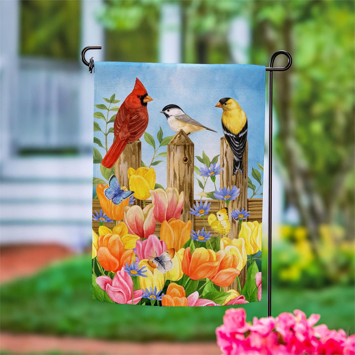 Evergreen Spring Fence Friends Suede Garden Flag
