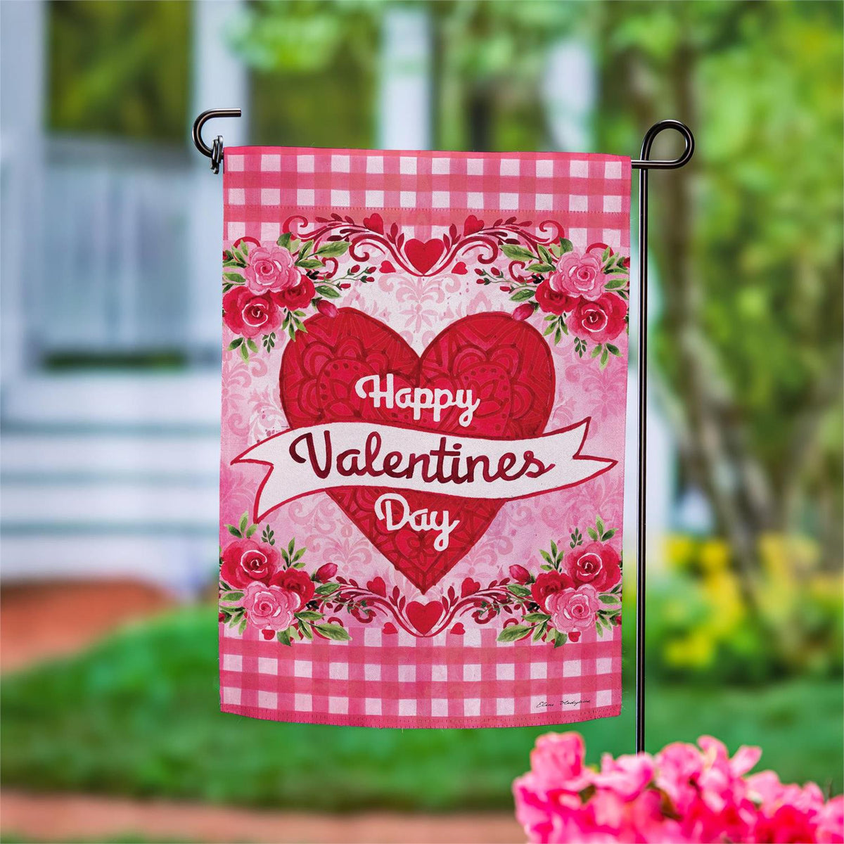 Evergreen Checks & Swirls Valentines Suede Garden Flag