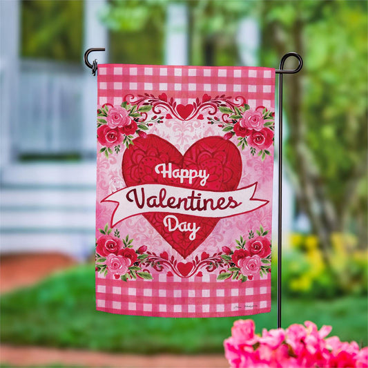 Evergreen Checks & Swirls Valentines Suede Garden Flag