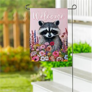 Evergreen Floral Raccoon Suede Garden Flag