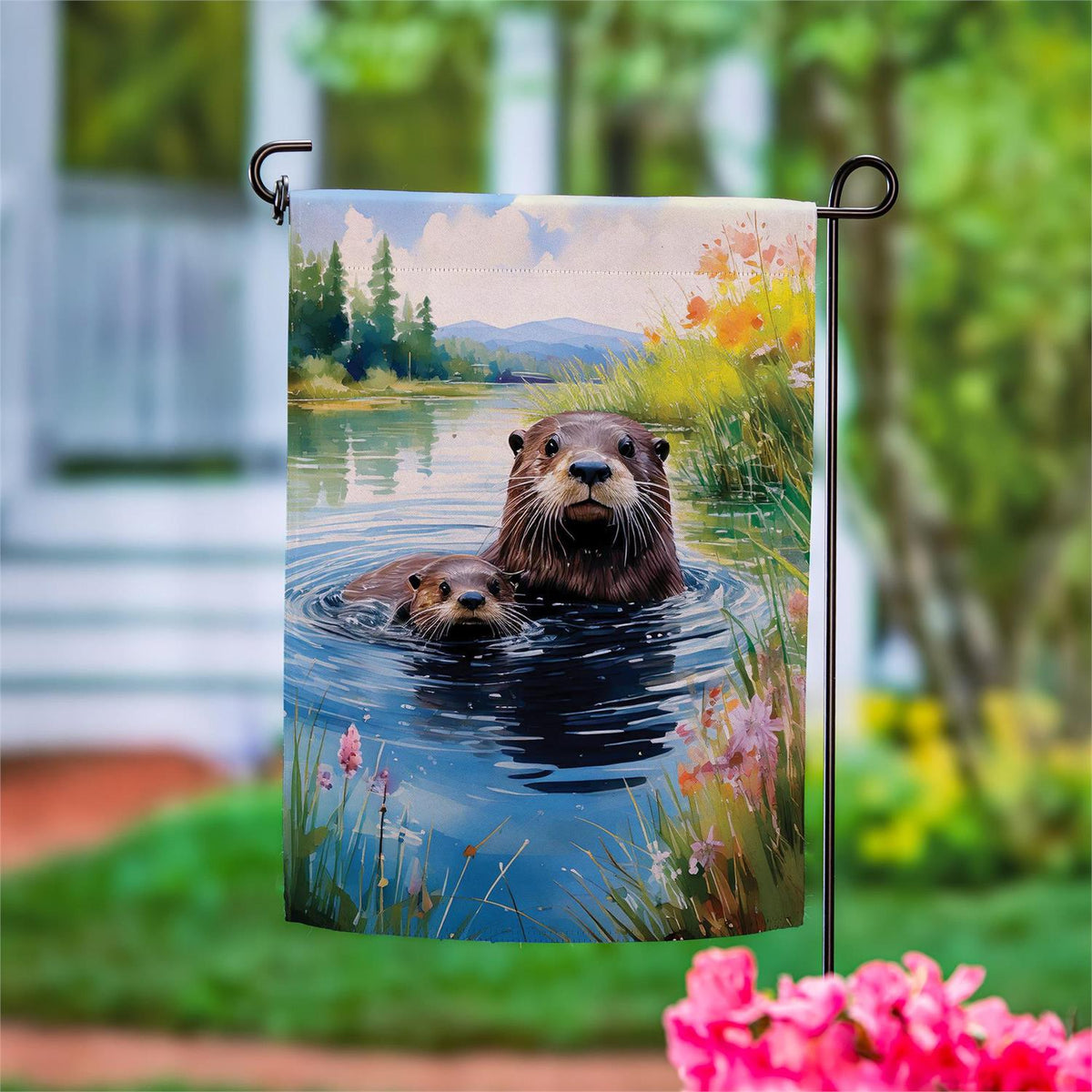 Evergreen Otter Family Suede Garden Flag