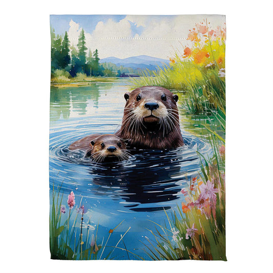Evergreen Otter Family Suede Garden Flag
